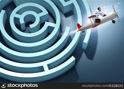 Businessman escaping from maze on airplane. The businessman escaping from maze on airplane