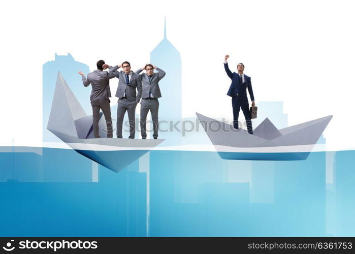 Businessman escaping sunken paper boat ship