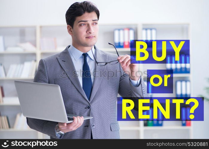 Businessman facing dilemma of buying versus renting