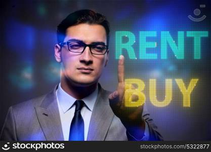 Businessman facing dilemma of buying versus renting