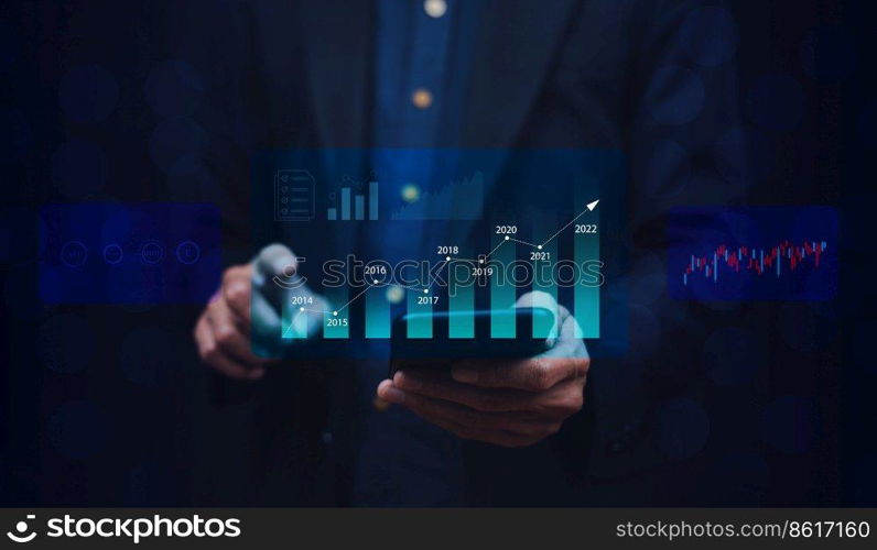 Businessman finger touch on virtual screen with stock market exchange,Investor or trader online trading money investment