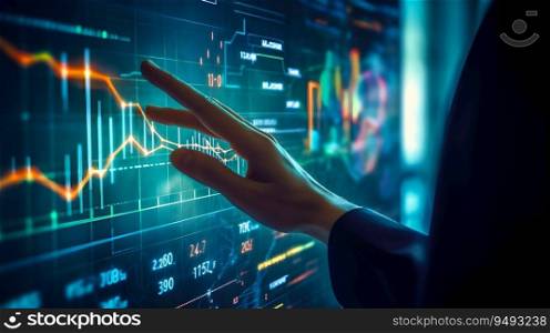 Businessman finger touch screen board, hud, virtual screen with stock market change. Business candlesticks graph chart. Growing numbers, Online trading, Investment risks profit Concept. Generative Ai.