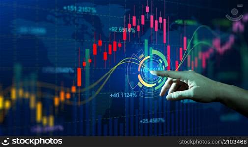 Businessman finger touch symbol stock graph and chart with business candlestick. Online trading, Investment, Strategy market plan, and Stock market fluctuations Concept.