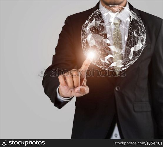 Businessman finger touching map point, international meaning, network connection, with copy space on gray background