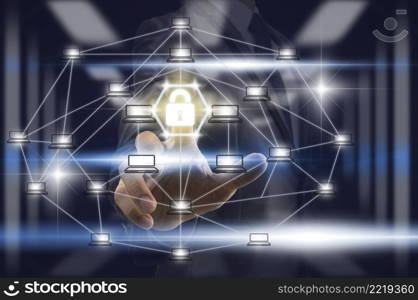 Businessman Fingerprint scan for support security access with key over Distributed computer network of blockchain and crpytocurrency on blurred server room background, Business Technology Concept.
