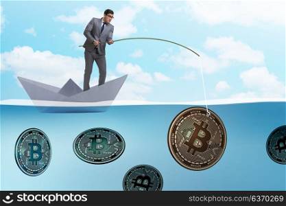 Businessman fishing bitcoins in cryptocurrency mining concept