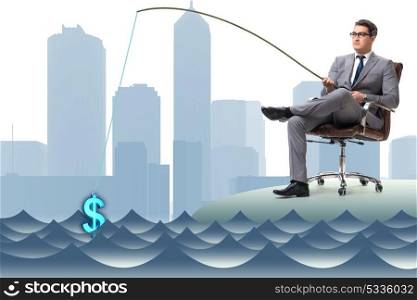 Businessman fishing out dollars from water