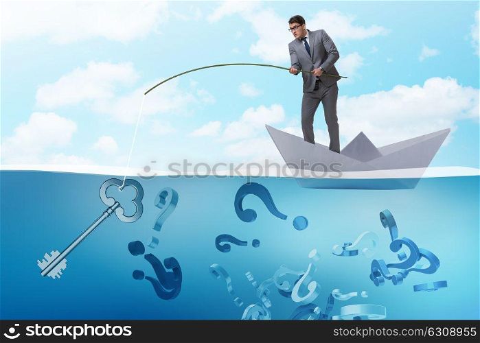 Businessman fishing questions from paper boat ship