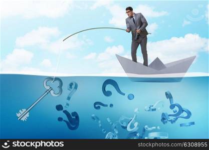 Businessman fishing questions from paper boat ship
