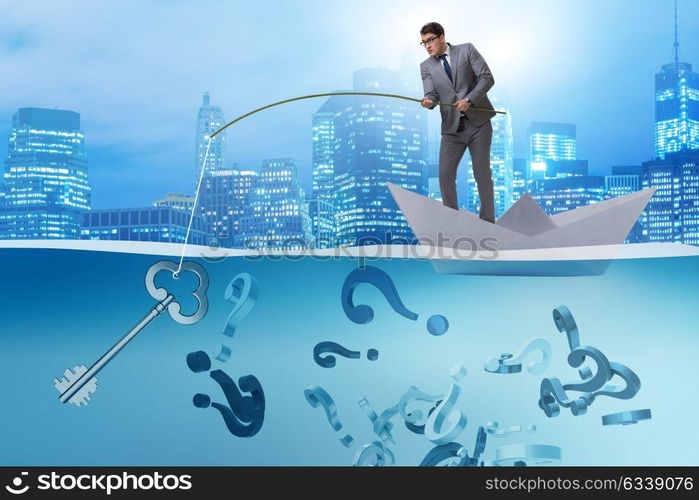 Businessman fishing questions from paper boat ship