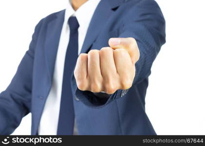 Businessman Fist in Blue Suit Isolated on White Background on Horizontal View. Concept about Violence or Strike in Organization