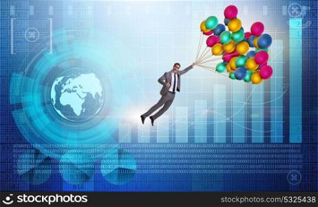 Businessman flying on balloons over graph