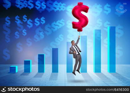 Businessman flying on dollar sign inflatable balloon over financials charts. Businessman flying on dollar sign inflatable balloon over financ