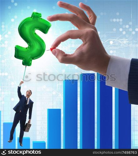 Businessman flying on dollar sign inflatable balloon over financials charts. Businessman flying on dollar sign inflatable balloon over financ