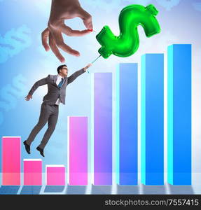 Businessman flying on dollar sign inflatable balloon over financials charts. Businessman flying on dollar sign inflatable balloon over financ