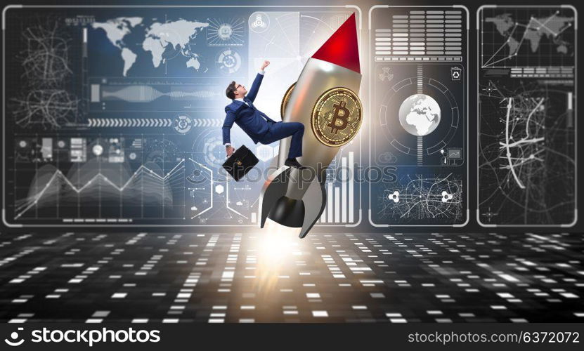 Businessman flying on rocket in bitcoin price rising concept