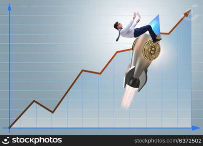 Businessman flying on rocket in bitcoin price rising concept