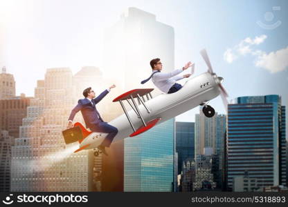 Businessman flying on vintage old airplane