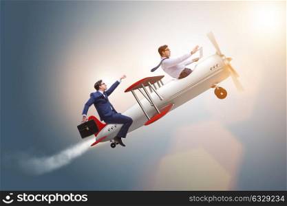 Businessman flying on vintage old airplane