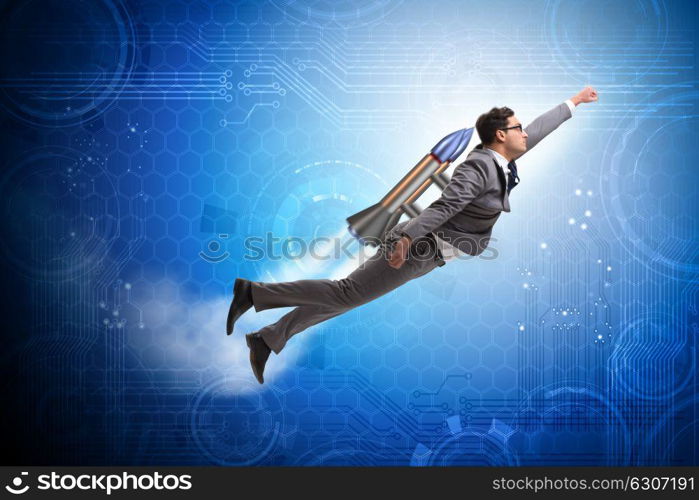 Businessman flying with rocket in funny business concept