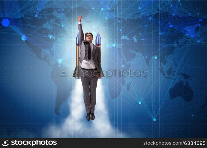 Businessman flying with rocket in funny business concept