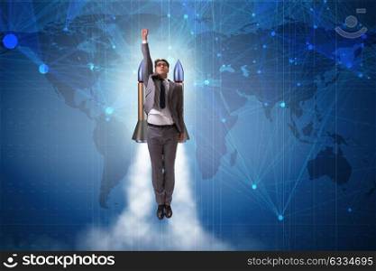 Businessman flying with rocket in funny business concept