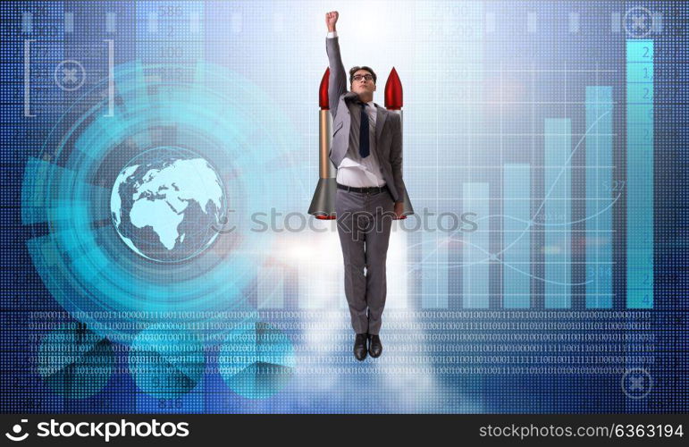 Businessman flying with rocket in funny business concept