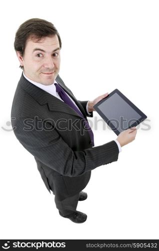 businessman full body using a tablet pc, isolated