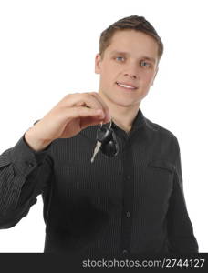 Businessman gives the keys to the car. Isolated on white background