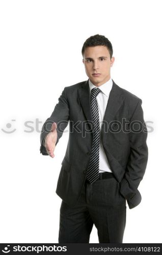 Businessman giving hand facing to camera, isolated on white