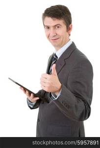 businessman going thumbs up using a tablet pc, isolated