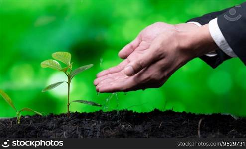 Businessman grow and nurture plant on fertilized soil concept of eco company committed to corporate social responsible, reducing CO2 emission and embrace ESG principle for sustainable future. Gyre. Businessman grow and nurture plant on fertilized soil concept. Gyre