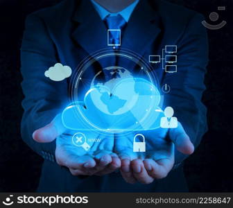 businessman hand cloud 3d icon on touch screen computer as Internet security online business concept