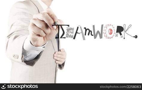 businessman hand drawing design graphic word TEAMWORK as concept