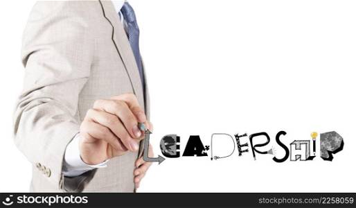 businessman hand drawing design grphic word LEADERSHIP as concept