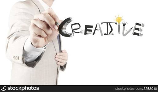 businessman hand drawing design word CREATIVE as concept