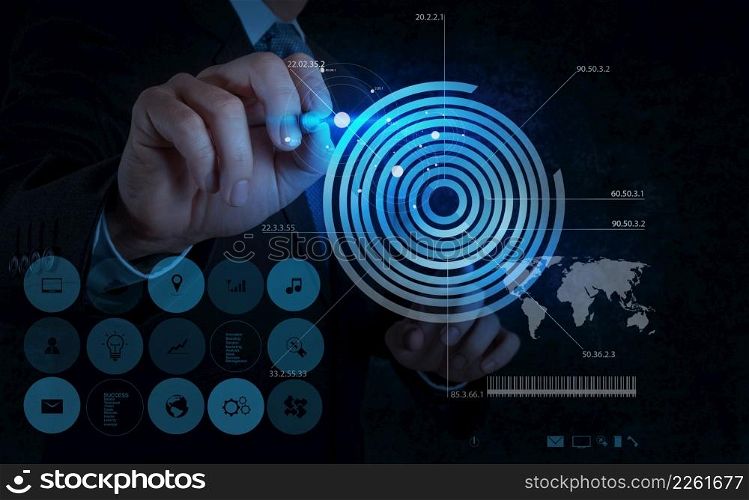 businessman hand drawing virtual chart business on modren computer