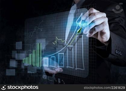 businessman hand drawing virtual chart business on texture background