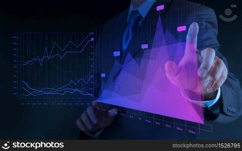 businessman hand drawing virtual chart business on touch screen computer