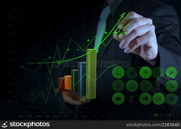 businessman hand drawing virtual chart business on touch screen computer as concept