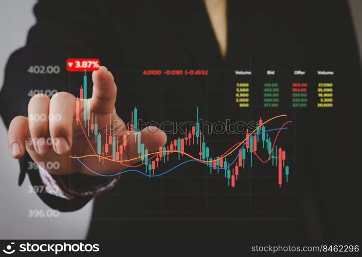 Businessman hand forex trading financial stock market by graph and economic technology investment charts.