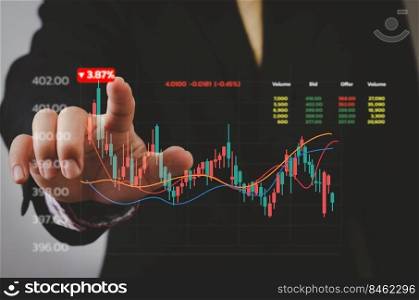Businessman hand forex trading financial stock market by graph and economic technology investment charts.
