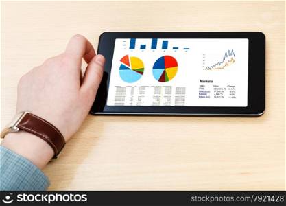 businessman hand hold tablet PC with business analytics on screen at office table