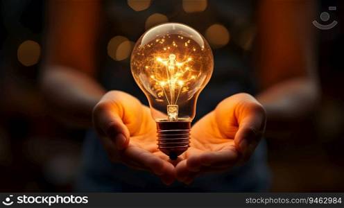 Businessman hand holding a bright light bulb. Brainstorm, solution, inspiration, and innovation. Analysing data, presenting new idea Concept. Generative Ai.