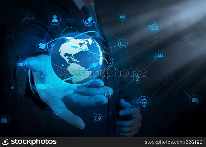 businessman hand holding business diagram on touch screen interface