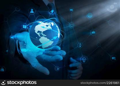 businessman hand holding business diagram on touch screen interface