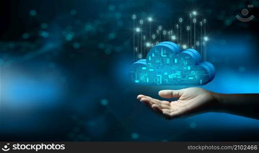 Businessman hand holding Cloud computing technology internet storage network. Cloud service, Cloud technology, and Cloud storage Concept.