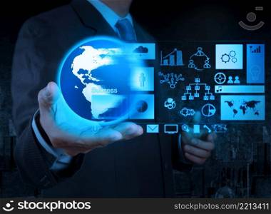 businessman hand holding globe with business diagram on touch screen interface