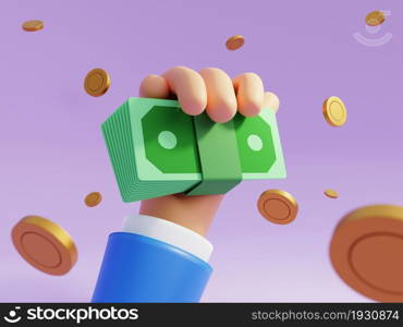 Businessman hand holding money banknote with gold coins on purple background. Business and financial economic concept. E-commerce investment and entrepreneur startup. 3D illustration rendering