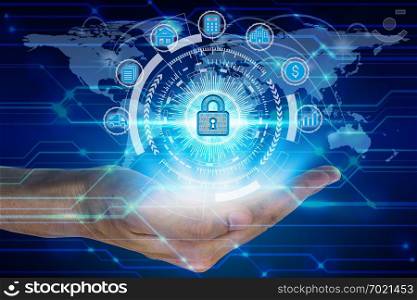 Businessman hand holding network using padlock over the Network connection technology,Technology Concept.  